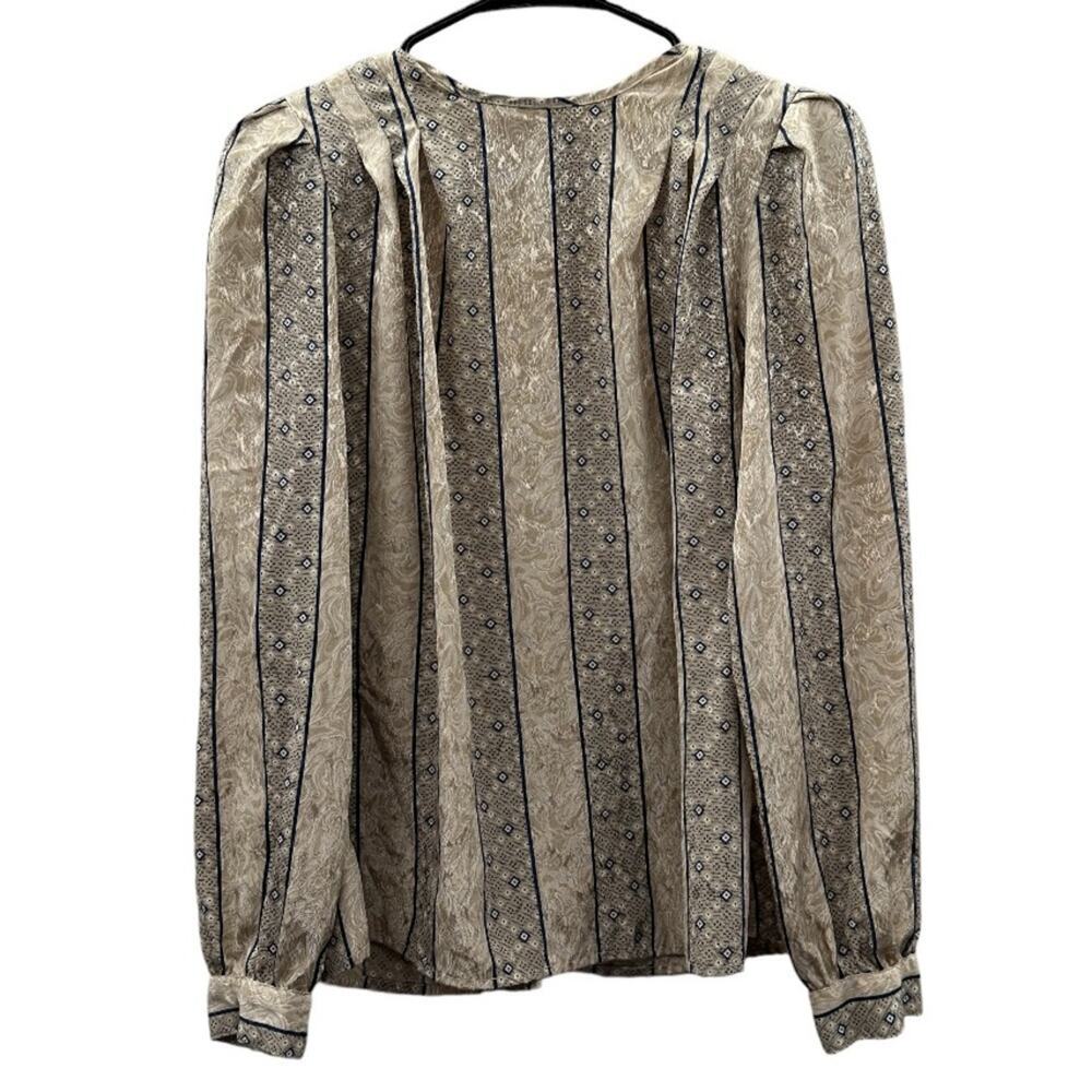 Vintage Eva‎ Laurel Cream & Blue Geometric Print Long Sleeve Button Back Top 10